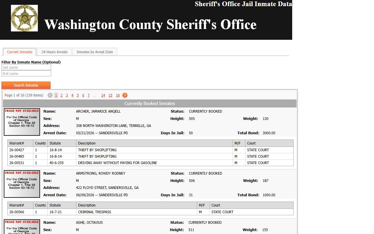 Washington County arrest records inmate lookup charge rows