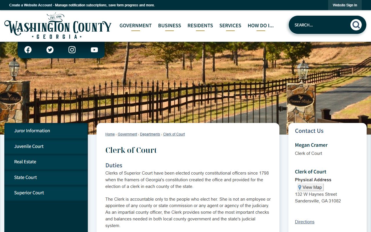 Washington County court records Clerk of Superior Court contact page