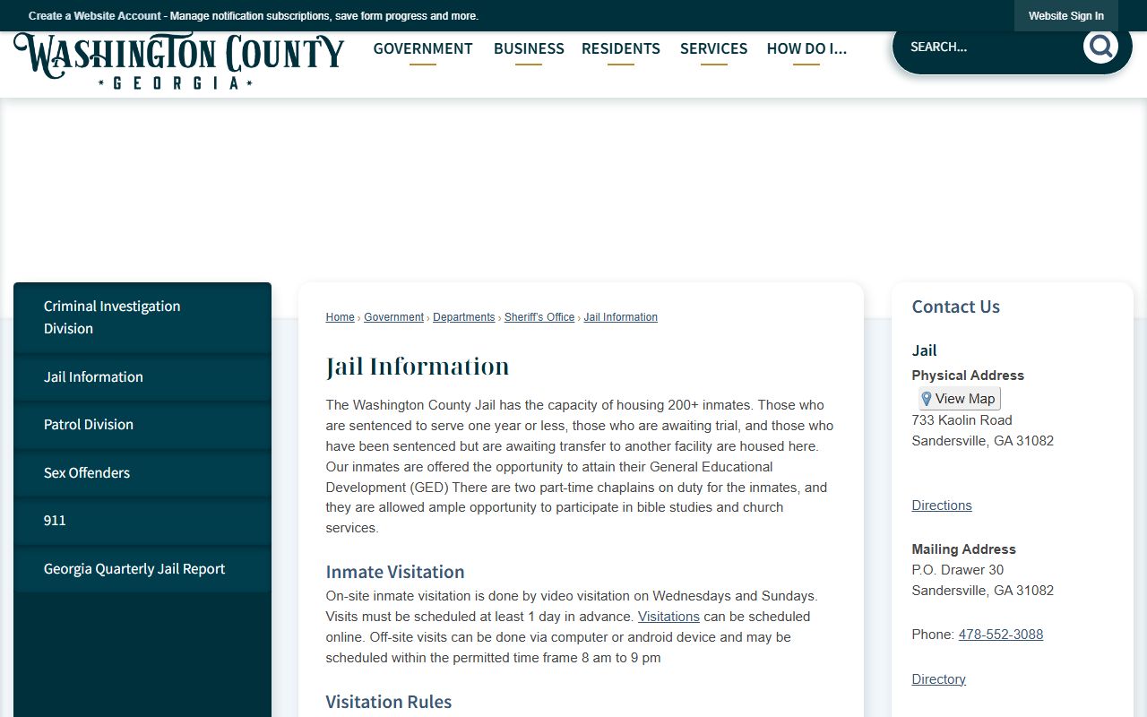 Washington County inmate records jail information and visitation rules