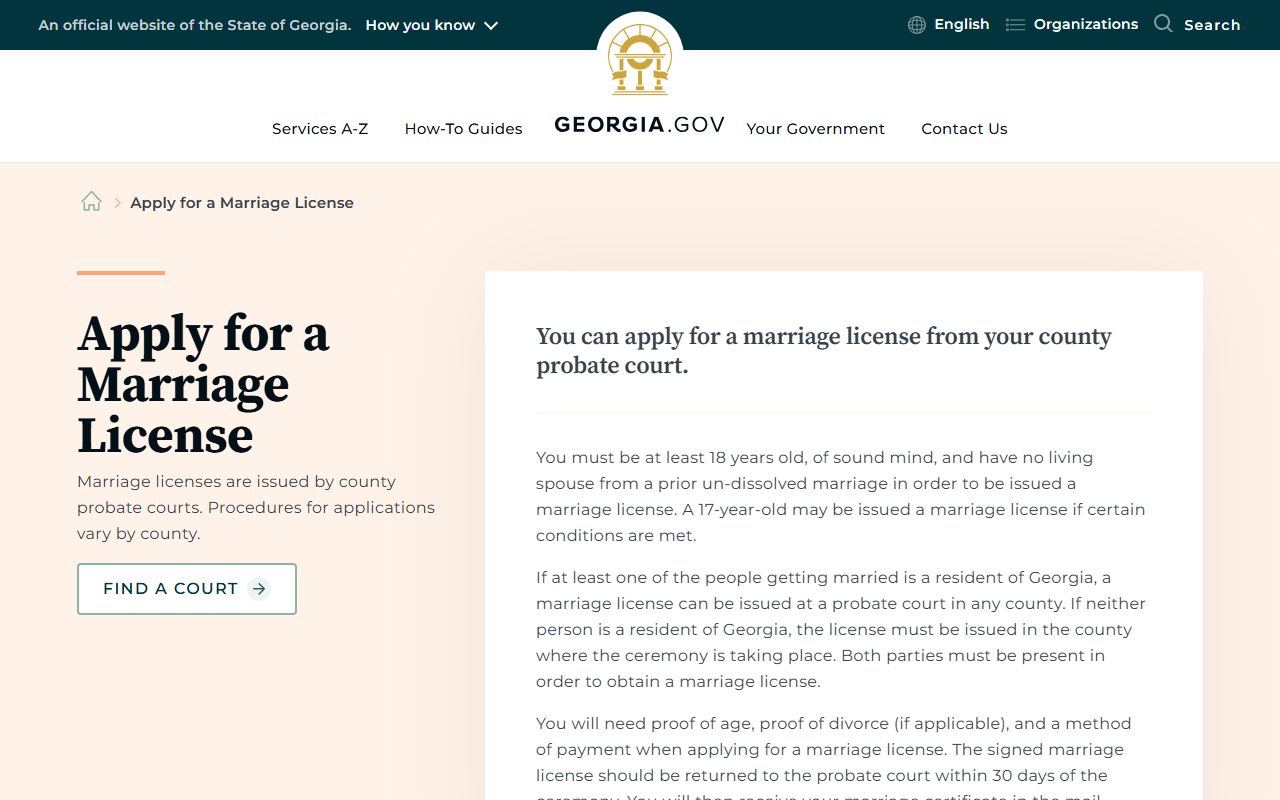 Georgia.gov guidance for applying for a marriage license through Probate Court
