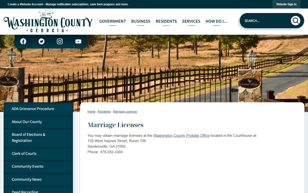 Washington County Probate Office marriage license information page