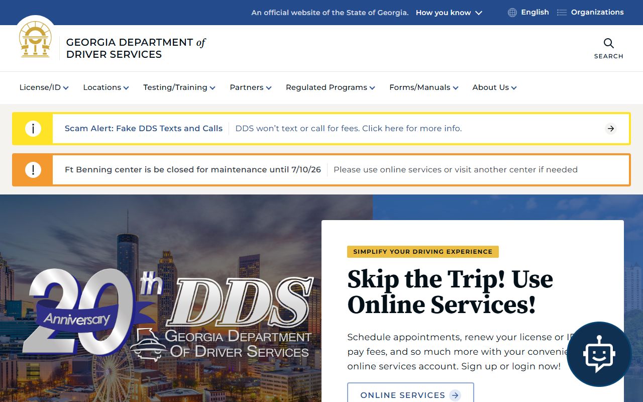Georgia Department of Driver Services home page for driver records and license services
