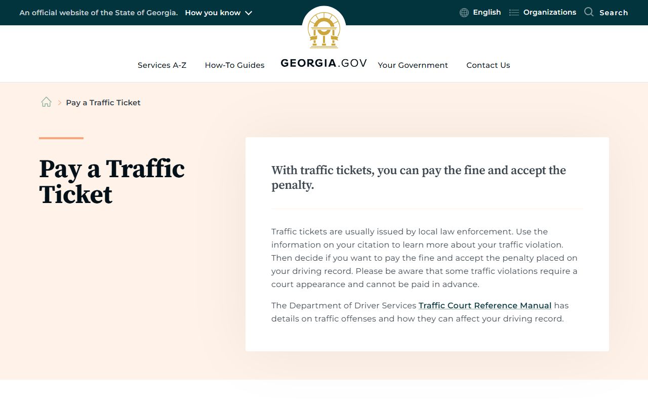Georgia.gov traffic ticket payment guidance for citation and case number lookup