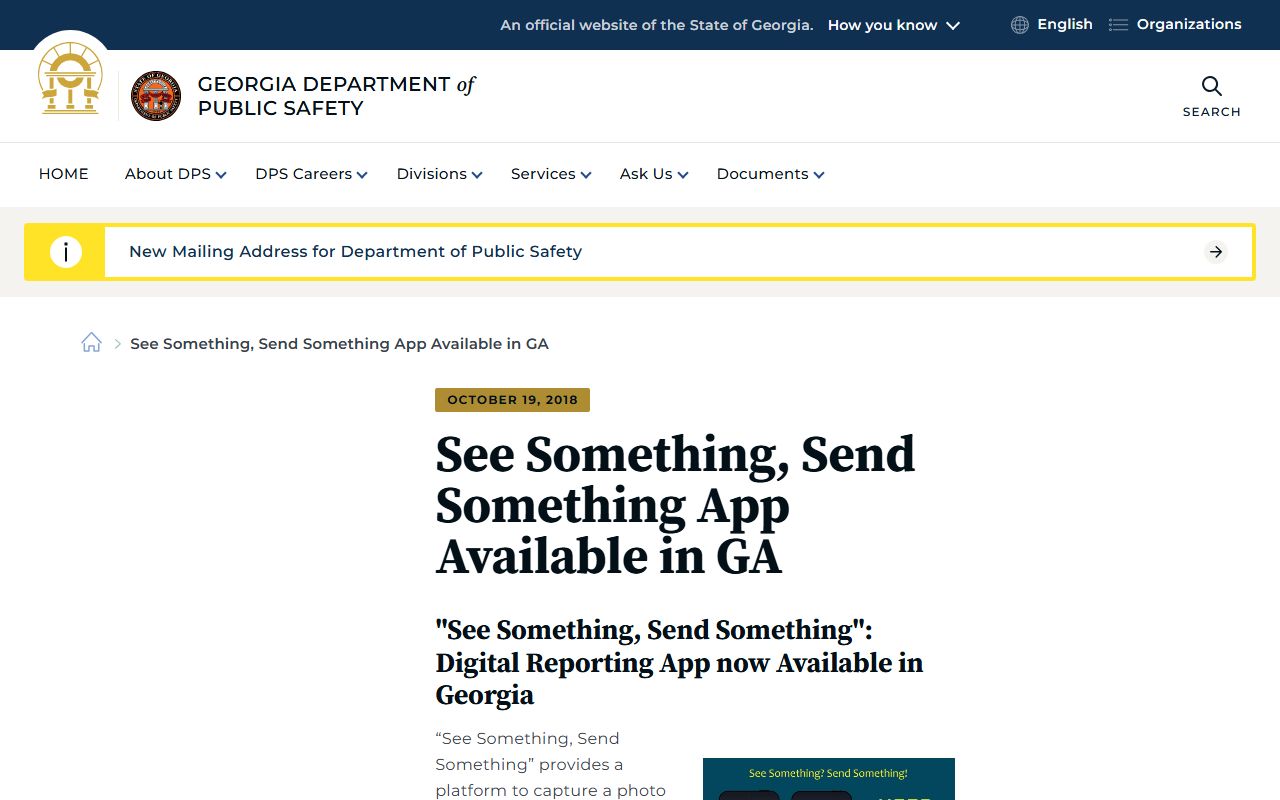 Georgia DPS See Something Send Something app information for public safety tips