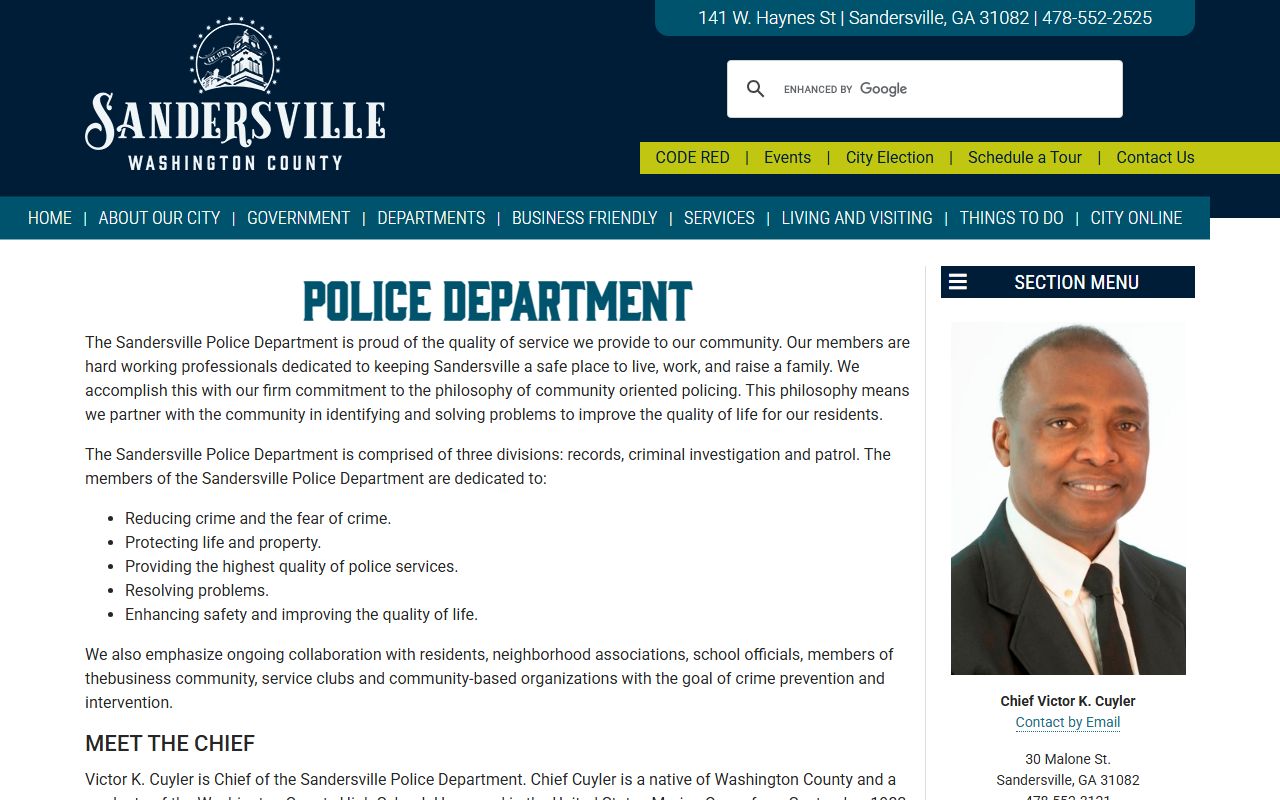 Sandersville Police Department page for local law enforcement contact in Washington County